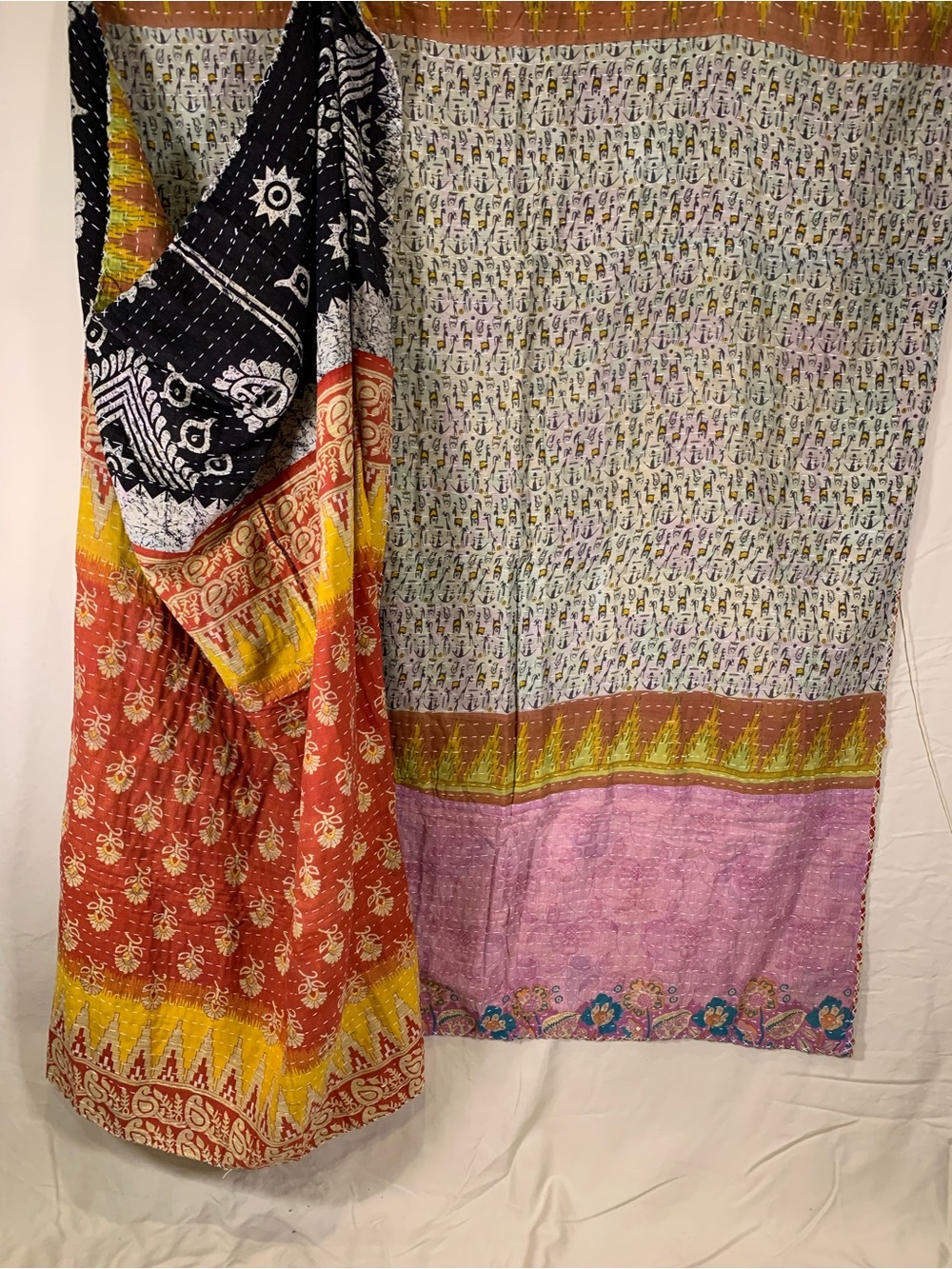 Handmade Kantha Quilt Twin Size Recycled Sari Cotton Grey Mustard Rust Black